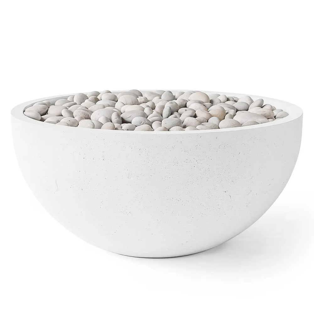 White concrete fire bowl with light gray pebble burner insert, 40-inch
