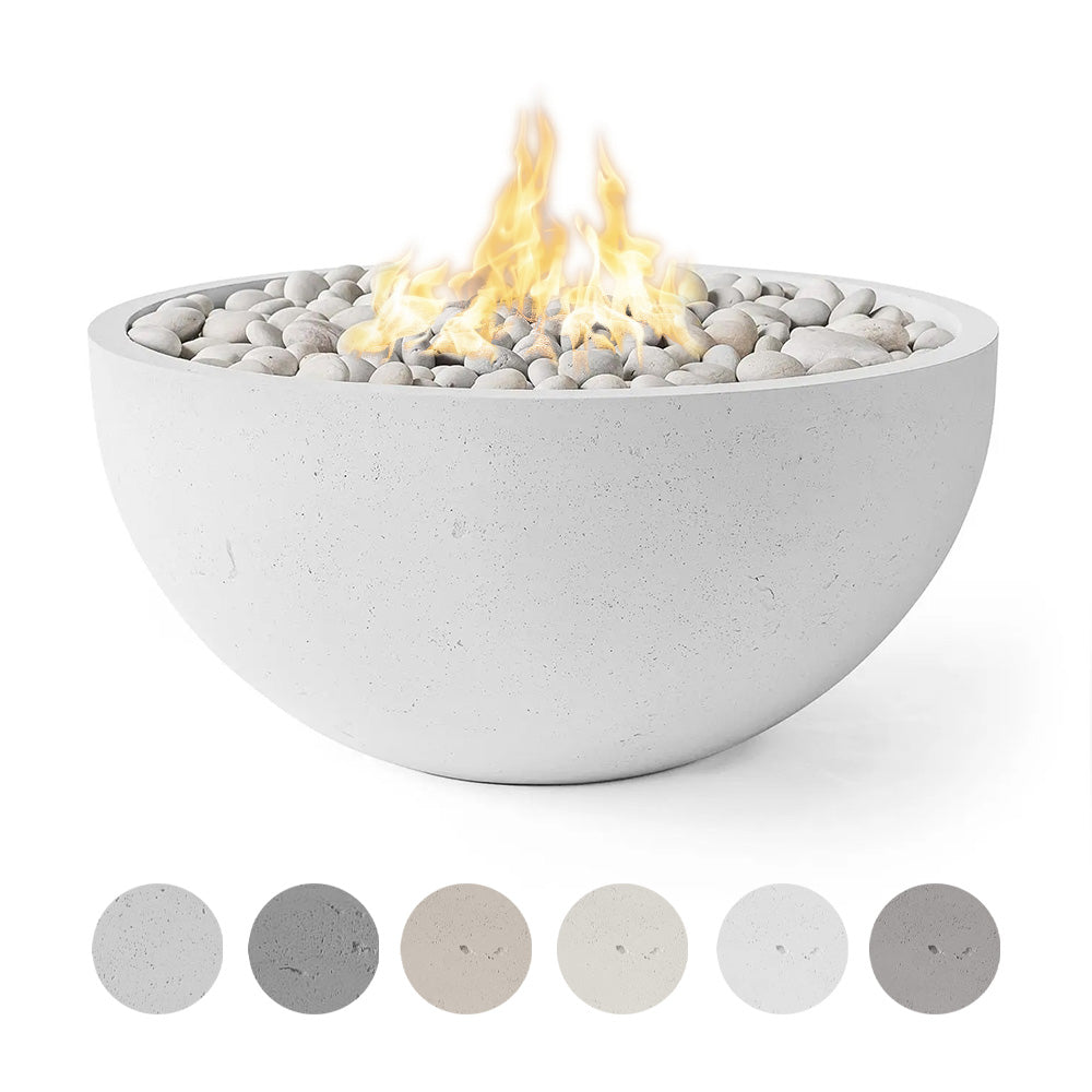 40-inch lightweight concrete gas fire bowl with flames above light gray stone media