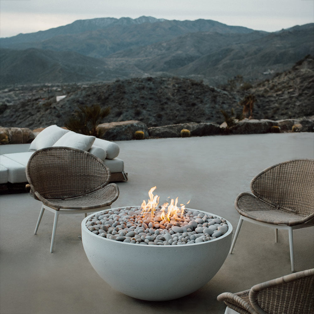 40-inch lightweight concrete gas fire bowl with flames and light gray pebble stones