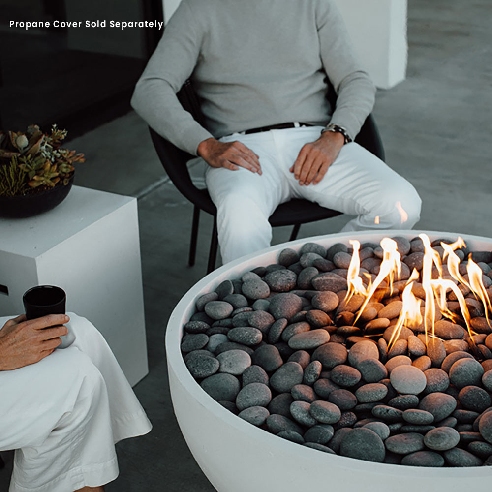 40-inch lightweight concrete gas fire bowl with flames and dark gray pebble stones