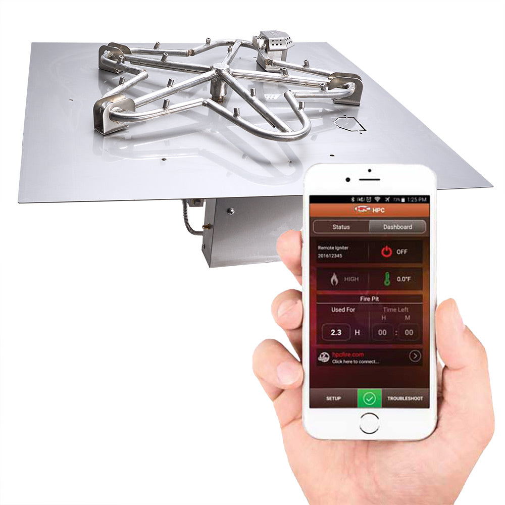 Smartphone control screen with gas fire pit electronic ignition burner assembly