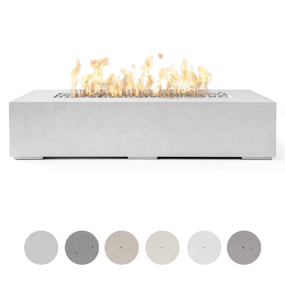 Lightweight concrete gas fire pit with visible flames in a square Sonoma-style base.