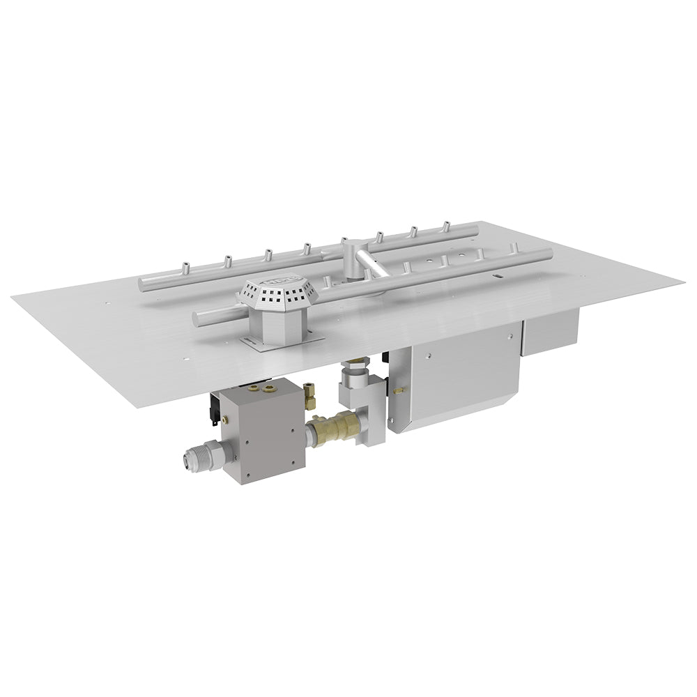 H-shaped electronic ignition fire pit kit with flat pan and torpedo burners, metal assembly