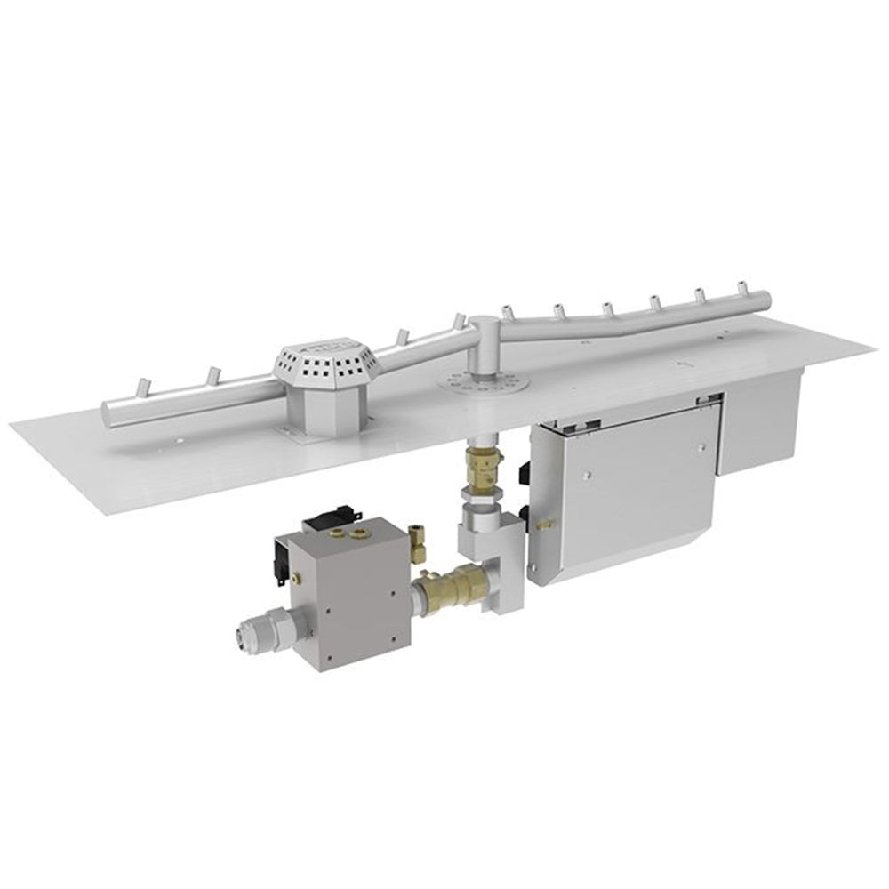 Fire pit ignition kit with flat pan and torpedo burner components, valves, and control boxes