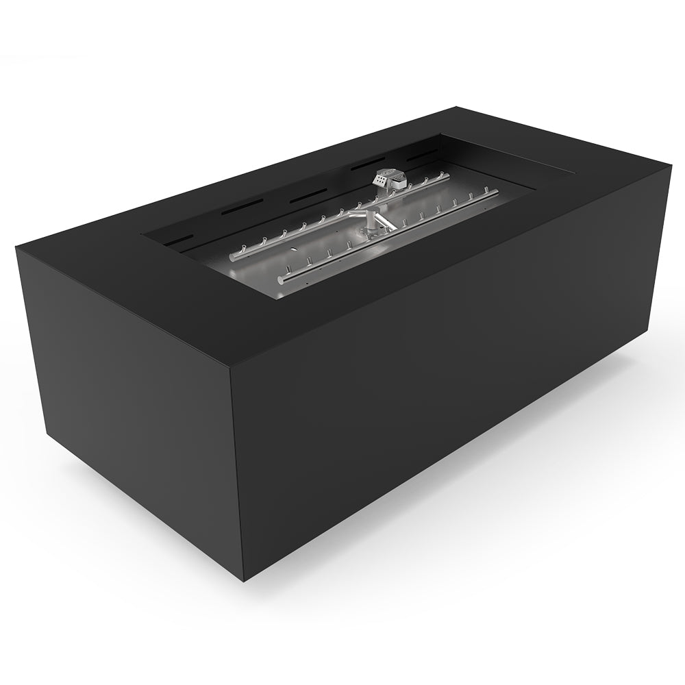Black rectangular metal fire pit with torpedo burner and metal burner bars