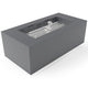 Gray rectangular metal fire pit with torpedo burner and stainless burner bars