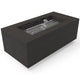 Dark rectangular metal fire pit with torpedo burner and centered burner assembly