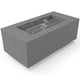 Gray rectangular metal fire pit with torpedo burner and visible control assembly