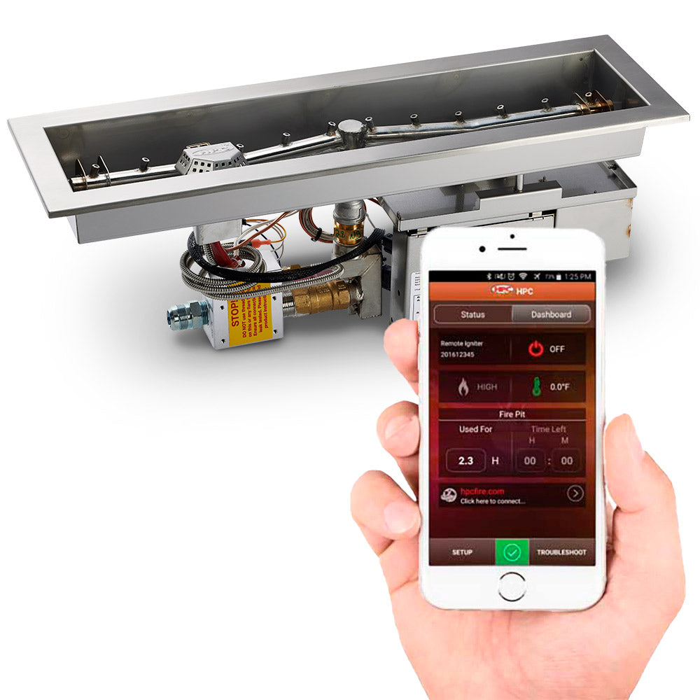 Gas fire pit ignition control module with smartphone app showing status and controls