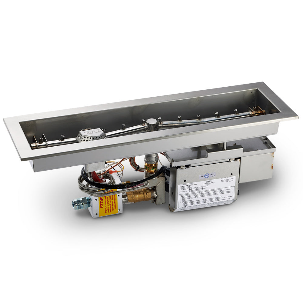 Stainless steel electronic gas fire pit burner tray with ignition and control components
