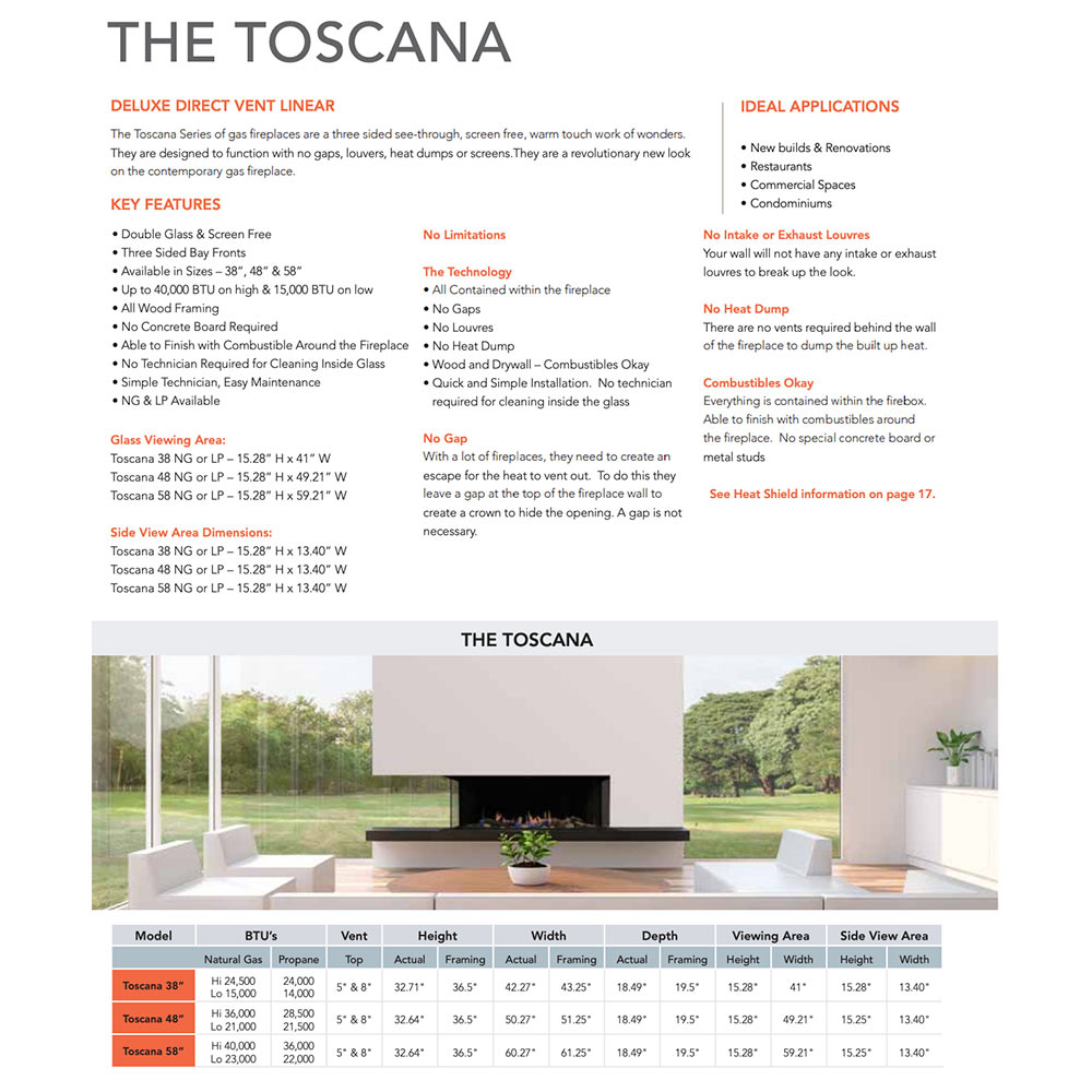 Sierra Flame TOSCANA-58 58-Inch Toscana 3-Sided Direct Vent Built-In Linear Gas Fireplace
