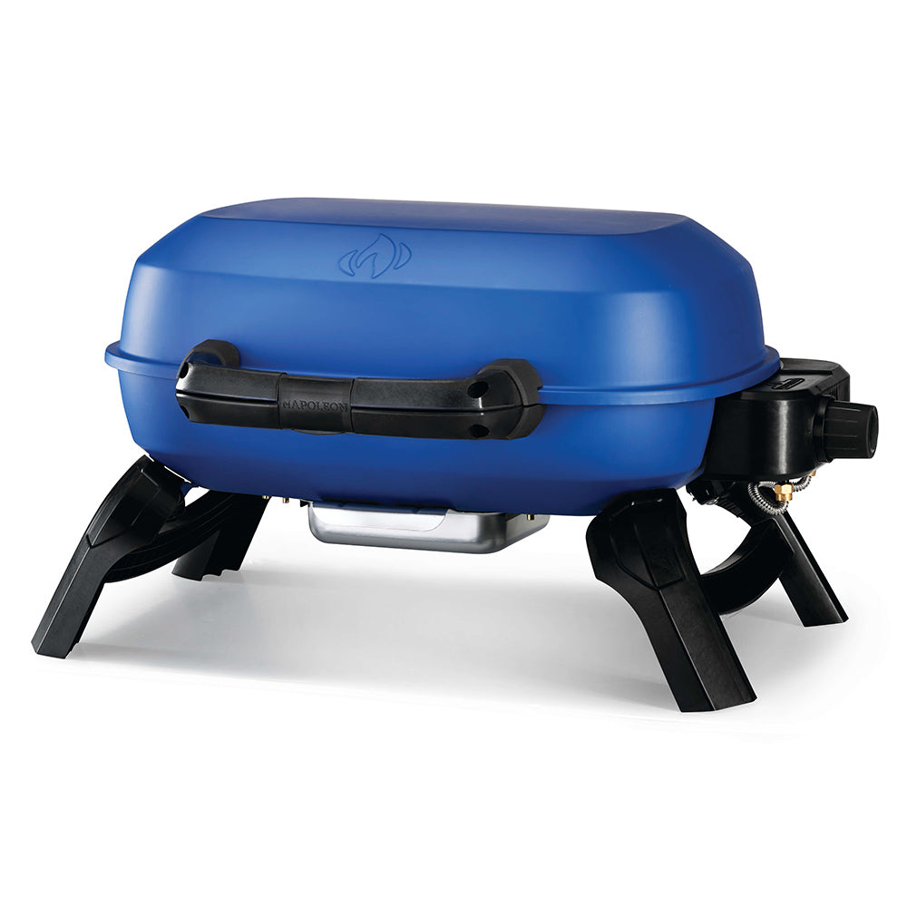 Blue portable tabletop gas grill with open lid and black side control panel, front view