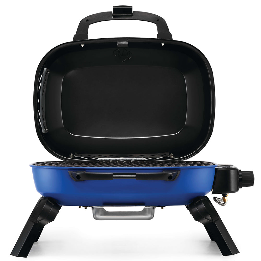 Blue portable tabletop gas grill with open lid and black cooking chamber, front view