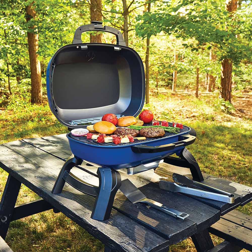 Blue portable gas grill with lid open and food on grate on outdoor table