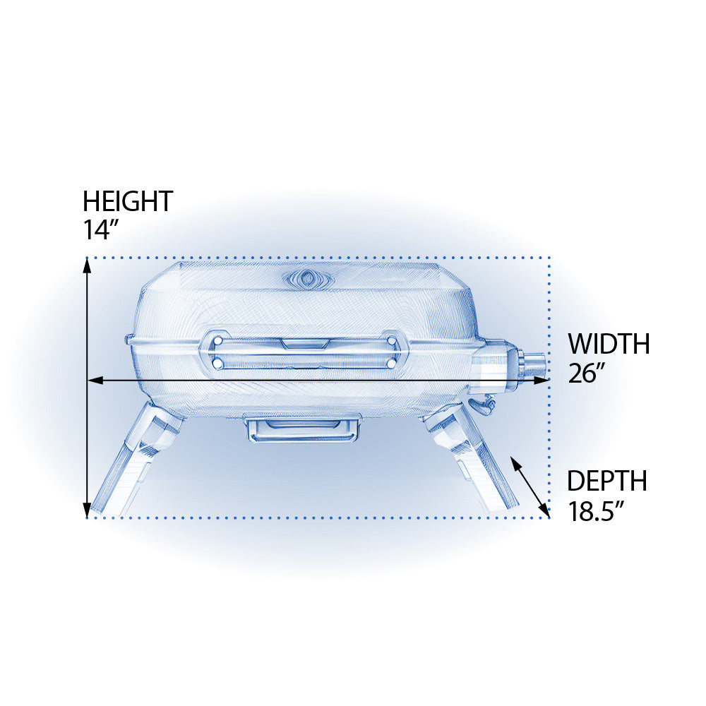 Blue portable gas grill dimensions: 14 in H, 26 in W, 18.5 in D