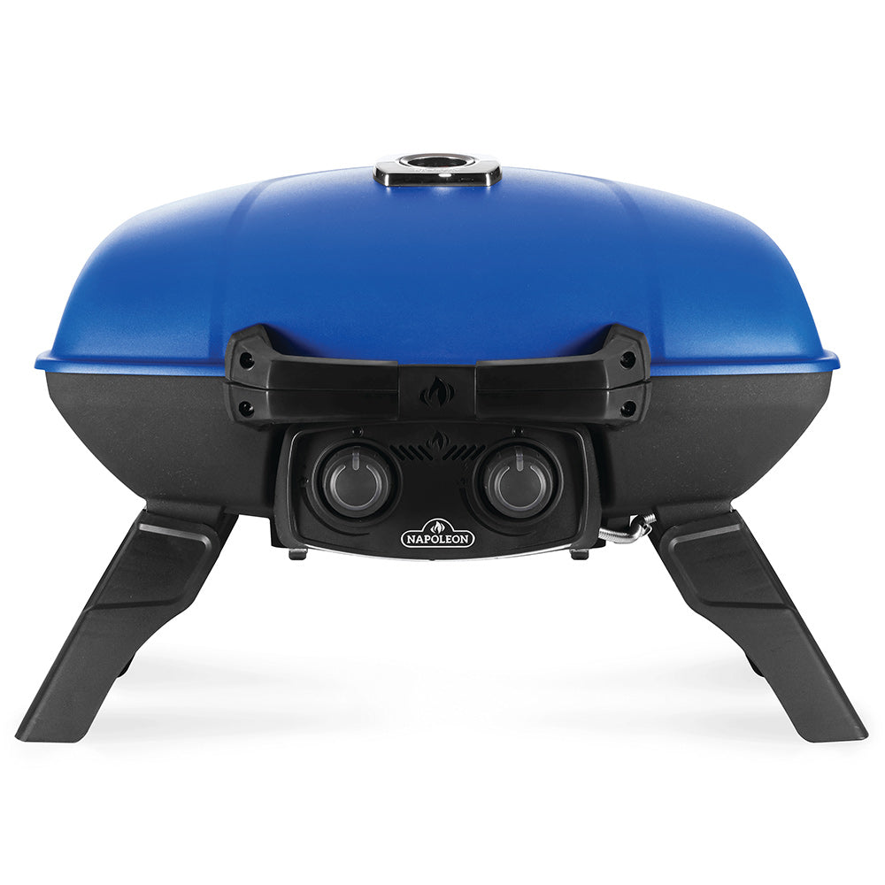 Portable tabletop gas grill with blue lid, black base, and two control knobs