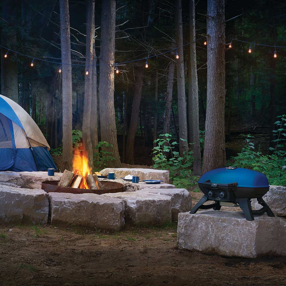 Portable tabletop gas grill with blue lid on outdoor stone ledge