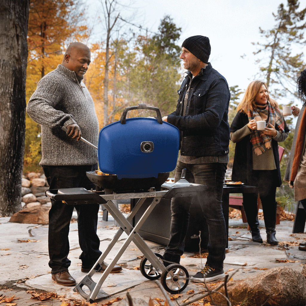 Portable propane grill on scissor cart with blue lid in outdoor group setting