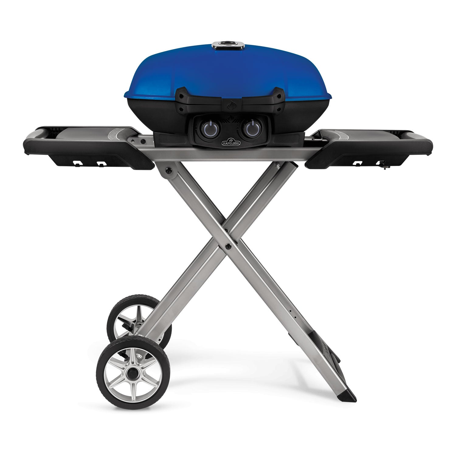 Portable propane grill with blue lid, black control panel, and scissor-cart stand