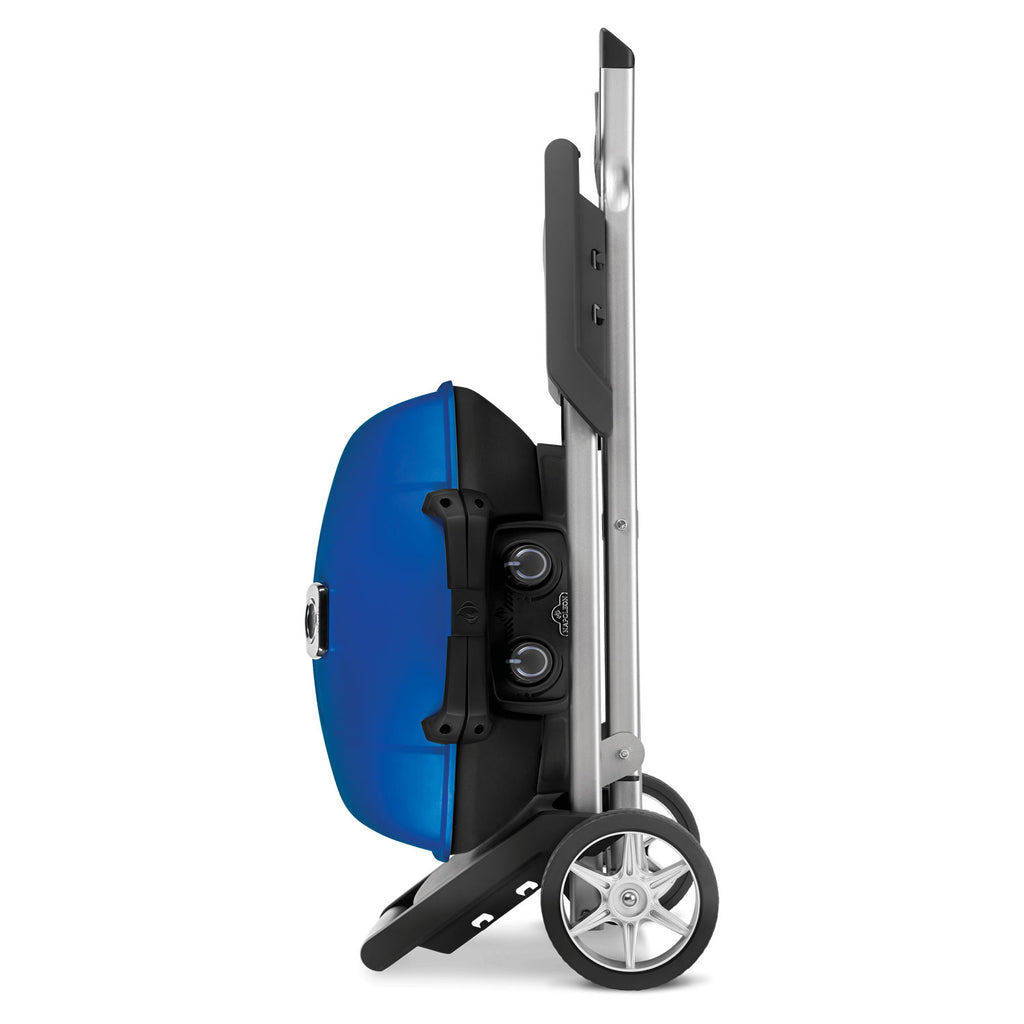 Portable propane grill side view with blue lid, black wheels, and control panel