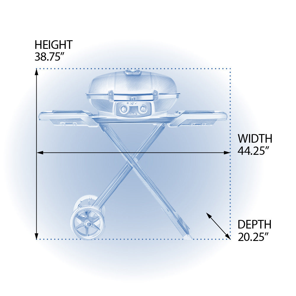 Portable propane grill dimensions: height 38.75 in, width 44.25 in, depth 20.25 in.