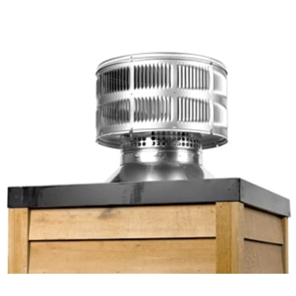 Round roof termination cap with storm collar, metal finish and vertical louver vents