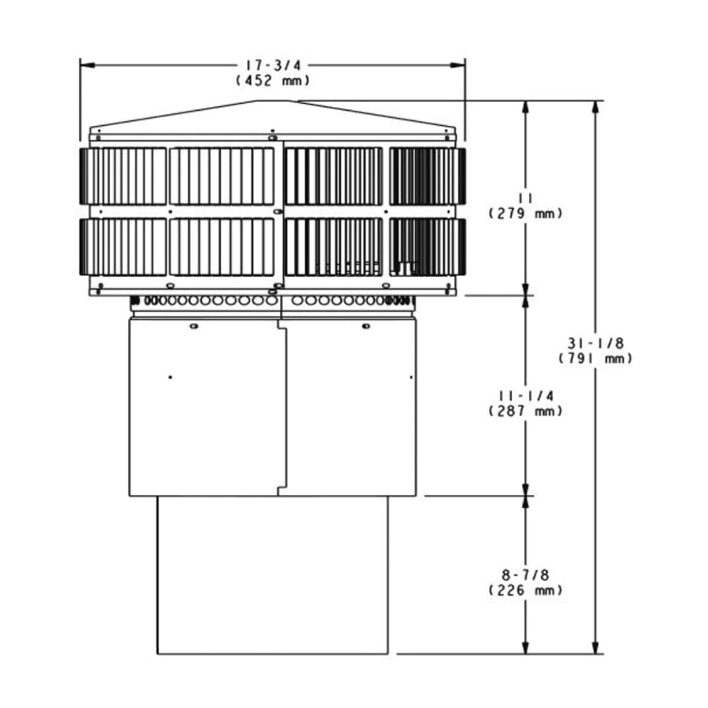 Round telescoping termination cap with storm collar, dimensioned line drawing