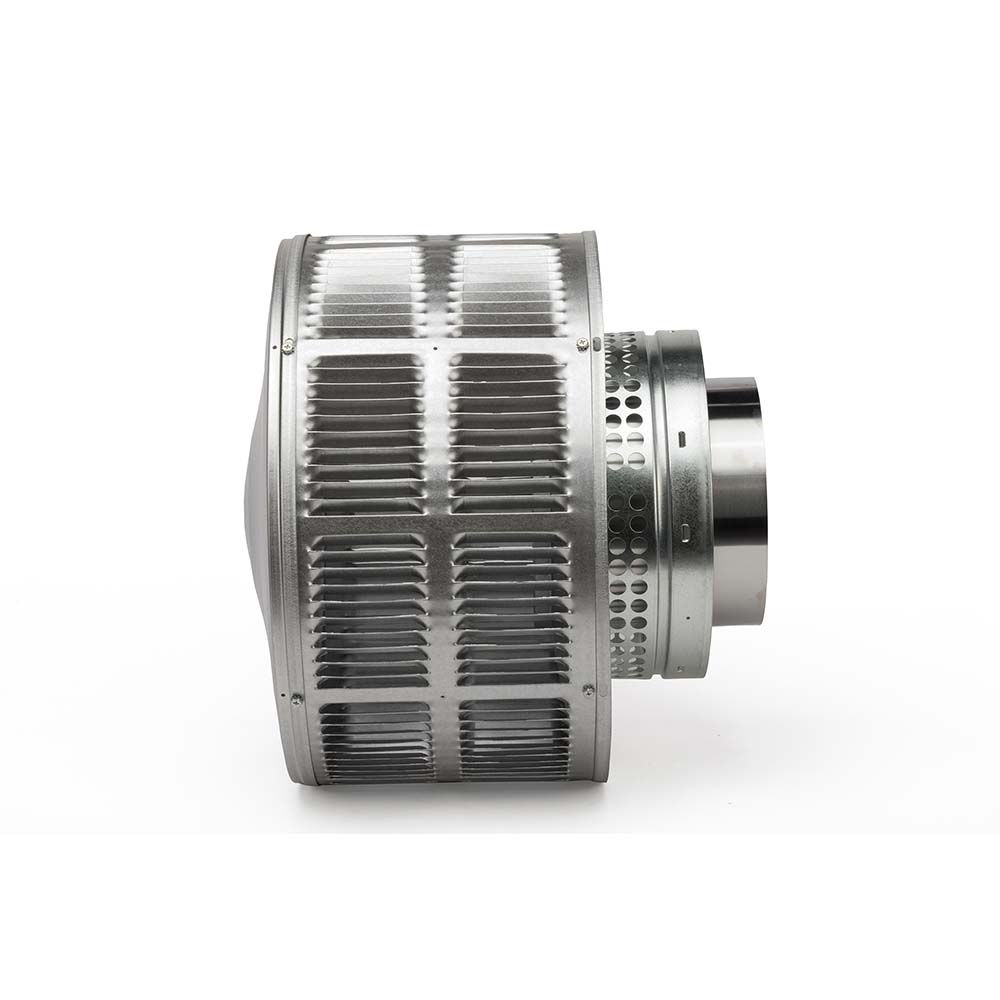 Round metal vent cap with louvered grille and flanged outlet stub