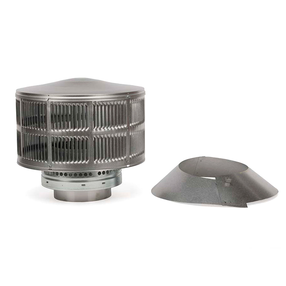Metal vent cap with storm collar, shown as two parts for installation