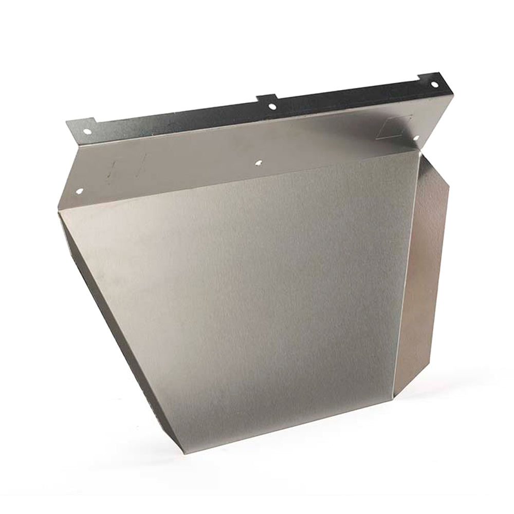 Siding shield panel with angled front and mounting holes, gray metal