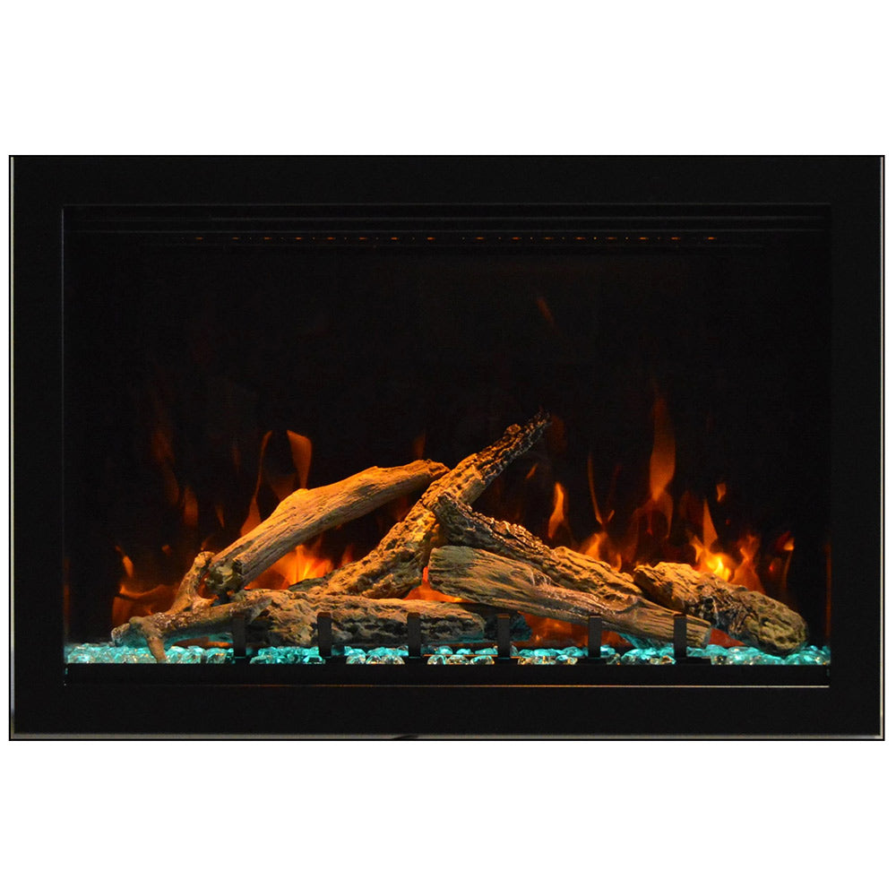 Built-in electric fireplace with black frame, glowing logs and orange flame effect behind glass