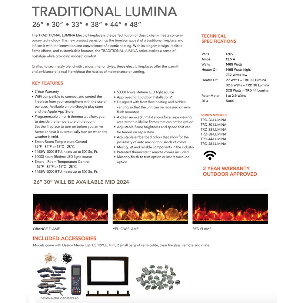 Traditional Lumina electric fireplace brochure page with key features and technical specifications