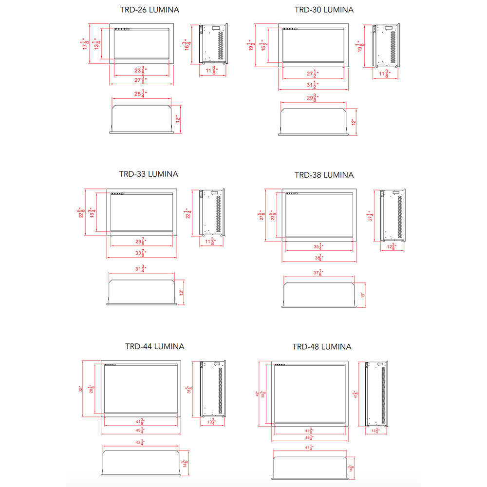 Electric fireplace dimension diagrams with red measurement lines and labeled model layouts