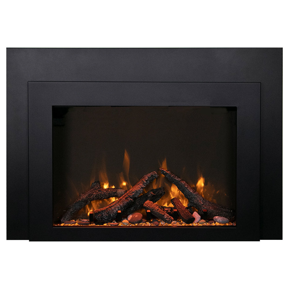 Electric fireplace insert with burning log-style media and orange flames in dark surround