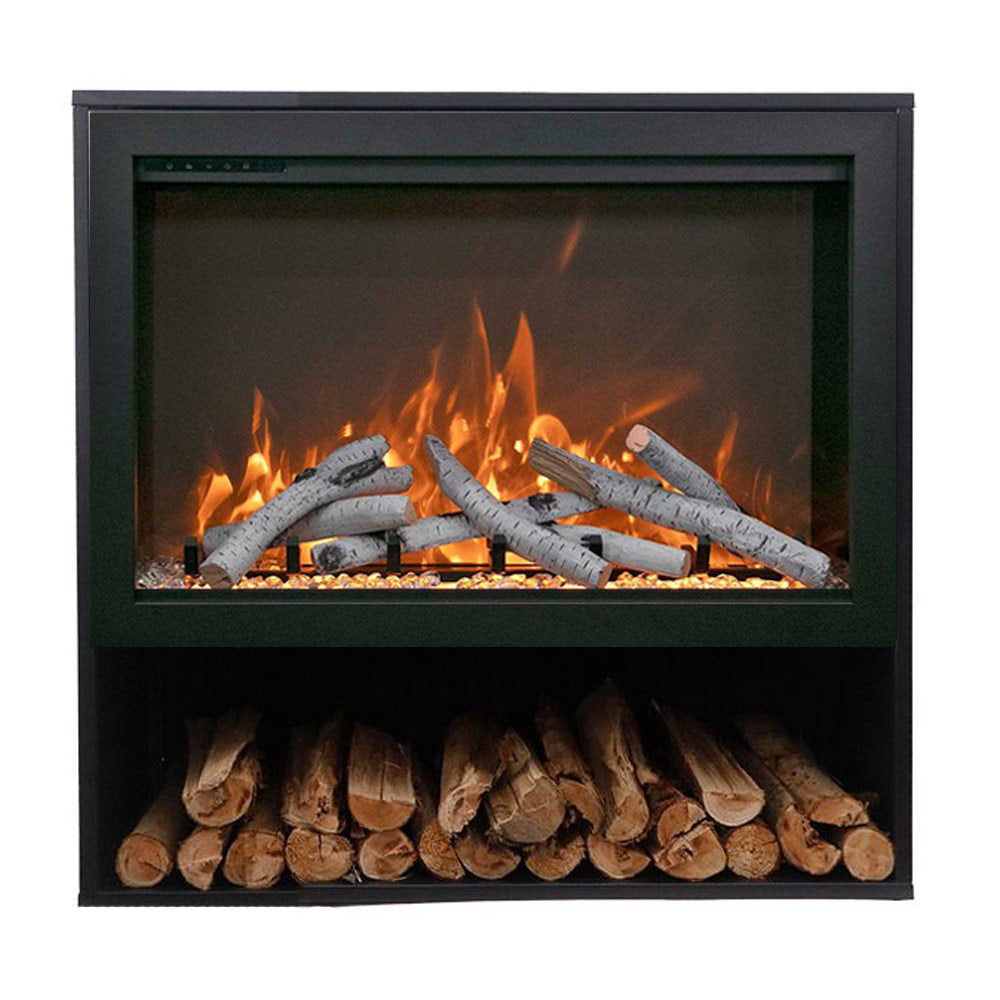 Black electric fireplace with burning logs behind glass and log storage shelf