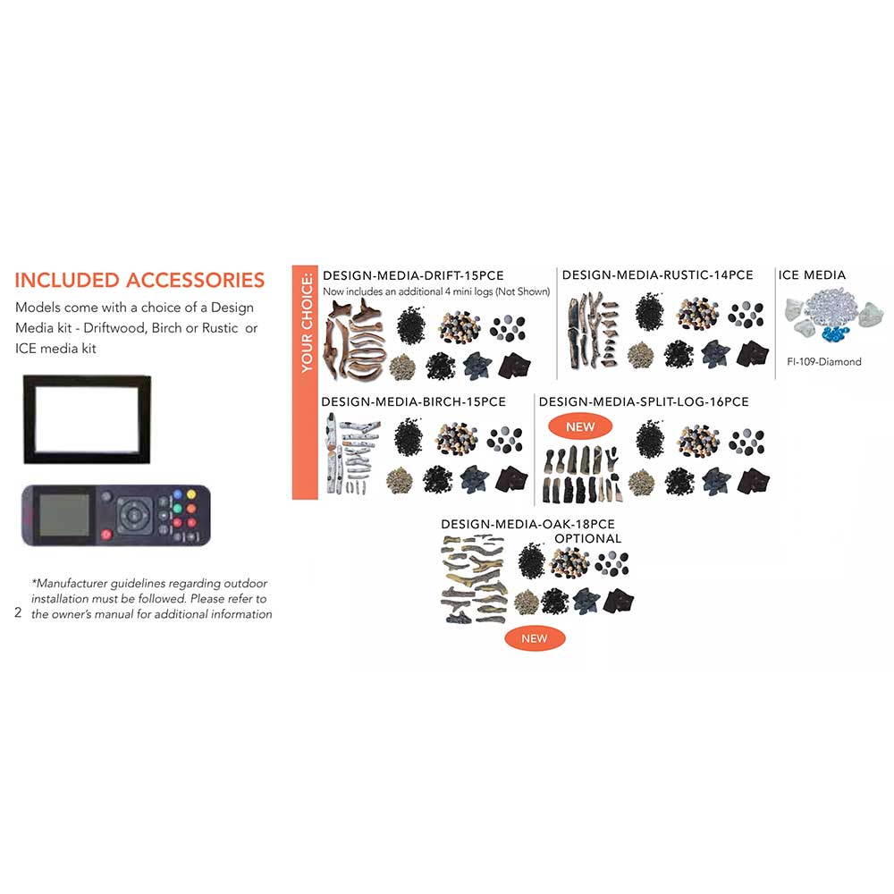 Electric fireplace accessories and media kit options chart with multiple log sets