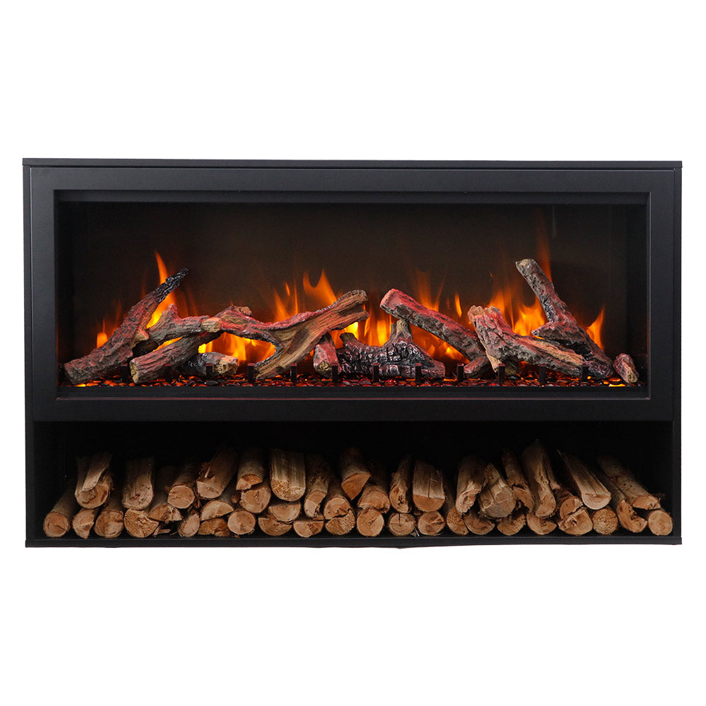 Black built-in smart electric fireplace with burning logs and stacked log storage shelf