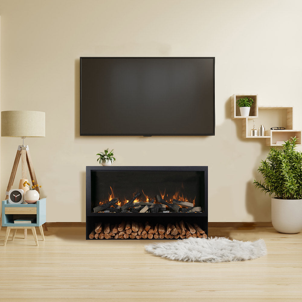 Black electric fireplace on pedestal with lit flames and lower row of stacked logs