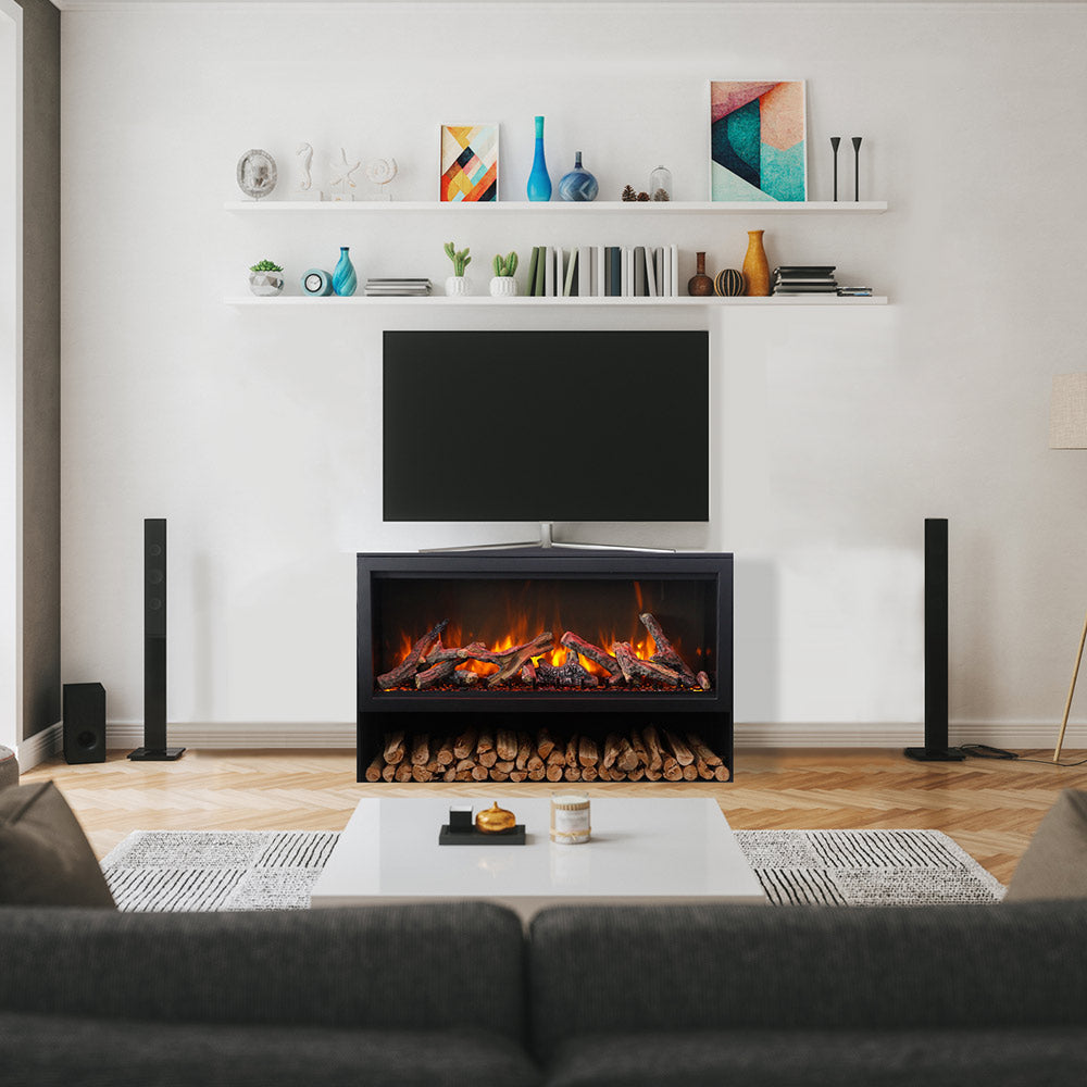 Built-in black electric fireplace with flame window and stacked logs in the lower tray