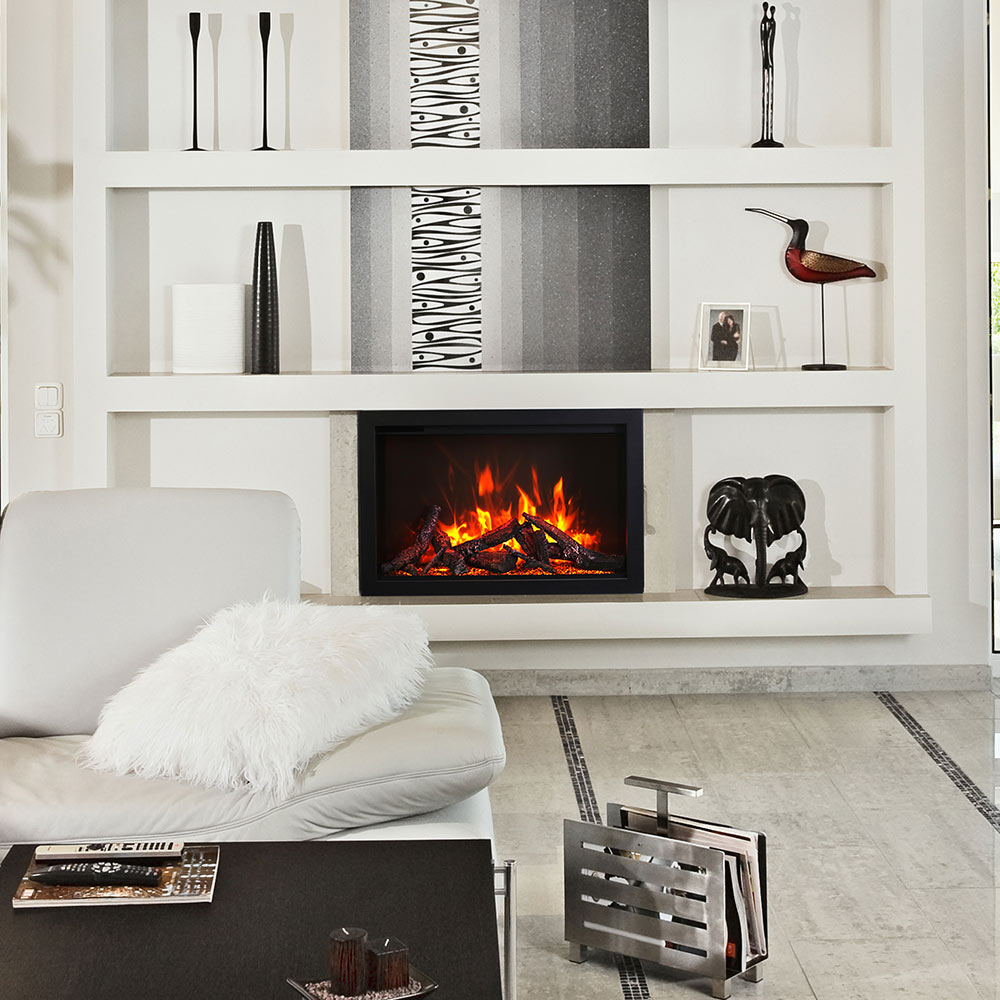 White fireplace trim surround with black firebox opening