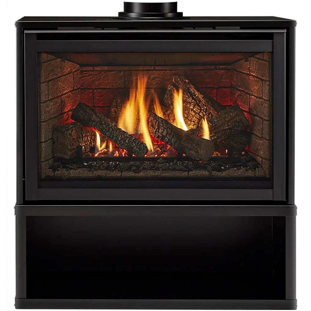 Freestanding gas fireplace with black frame, glass front, and visible flames inside