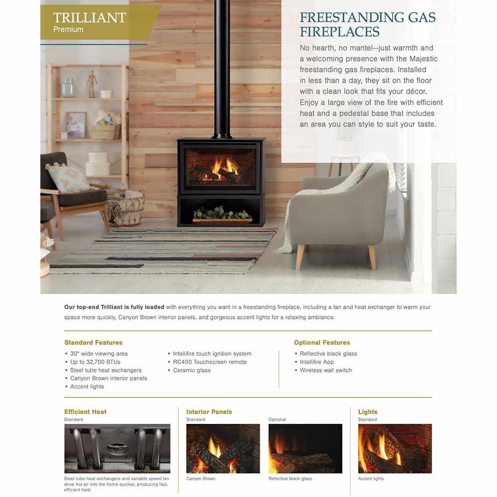 Freestanding gas fireplace brochure image showing black unit and flame view