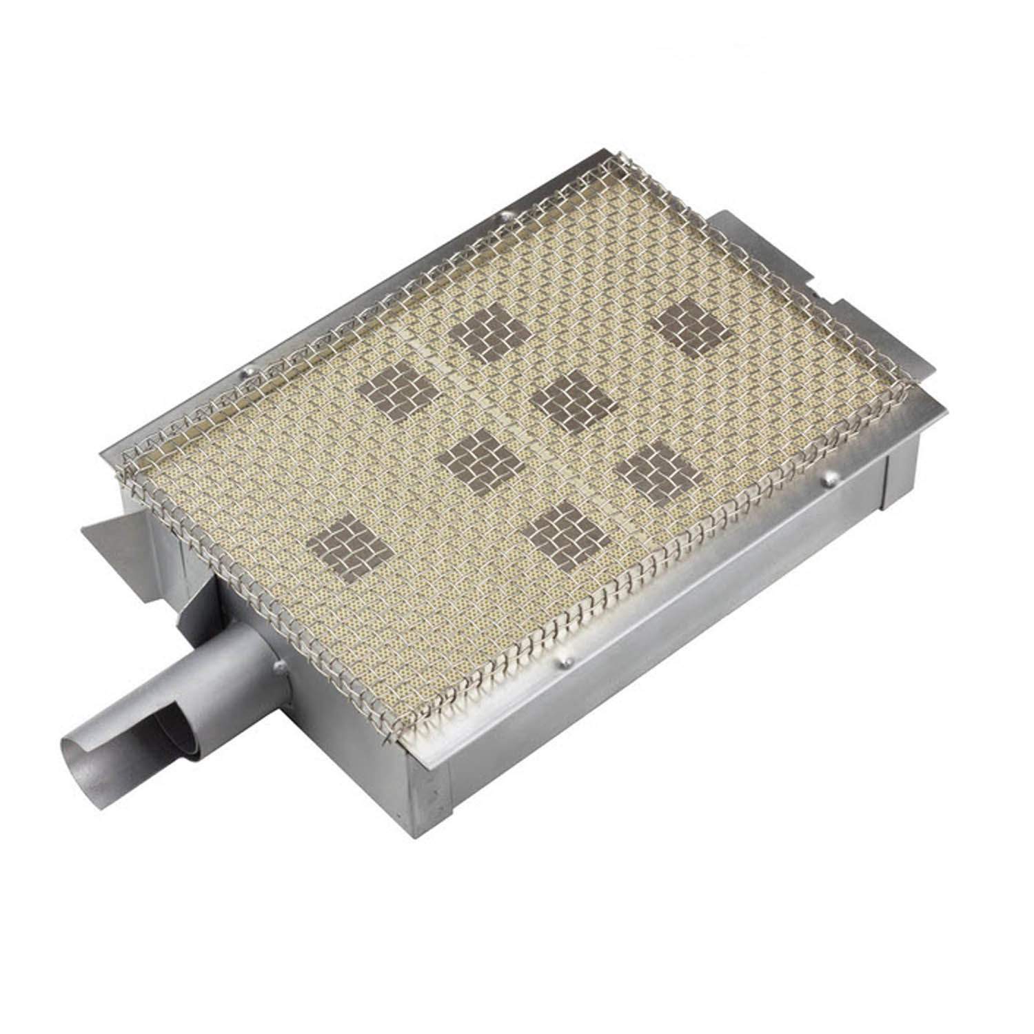 Infrared sear burner with light gray glowing ceramic heating panel and metal frame