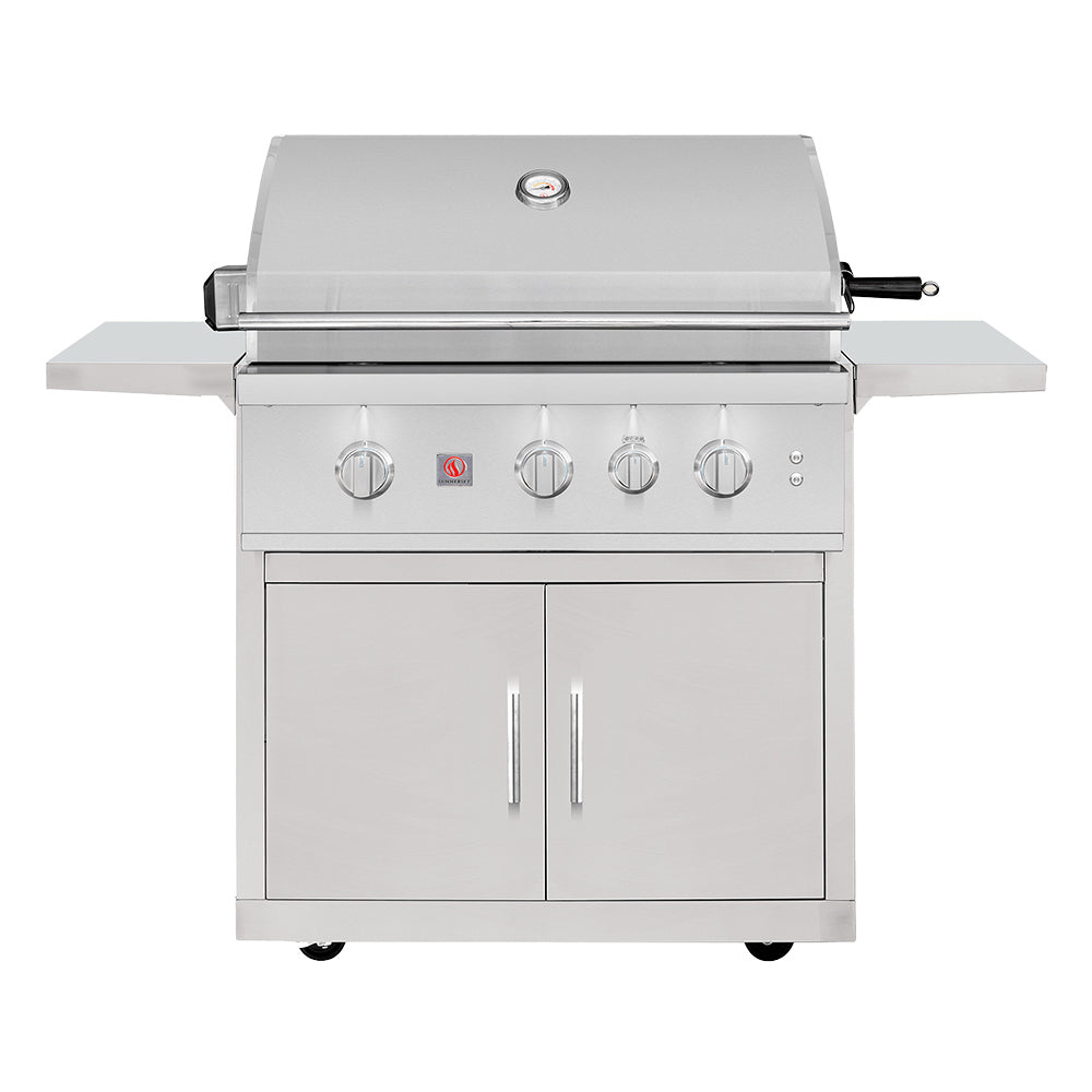 Freestanding stainless steel gas grill with lid, front control knobs, and side shelves
