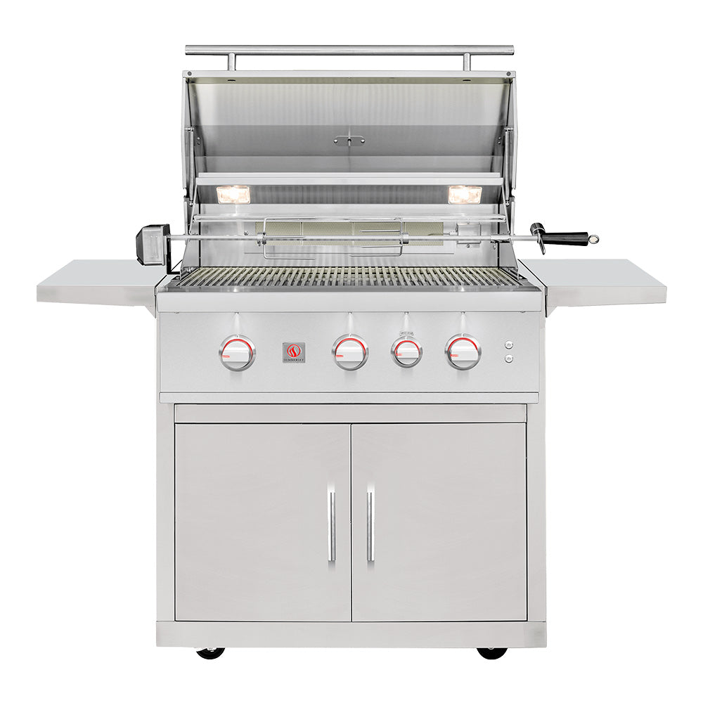 Freestanding gas grill with open hood, cooking grate, front knobs, and storage doors