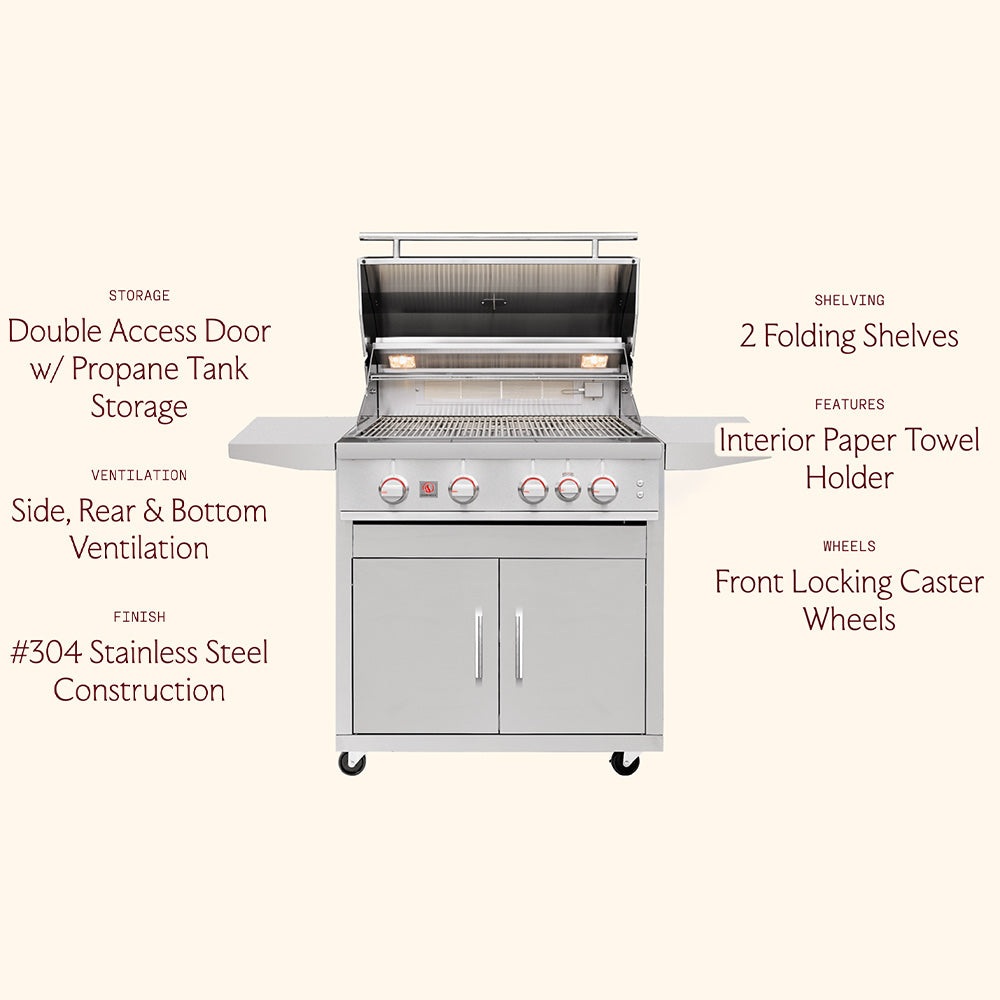 Freestanding gas grill with open hood, two front doors, casters, and side shelves