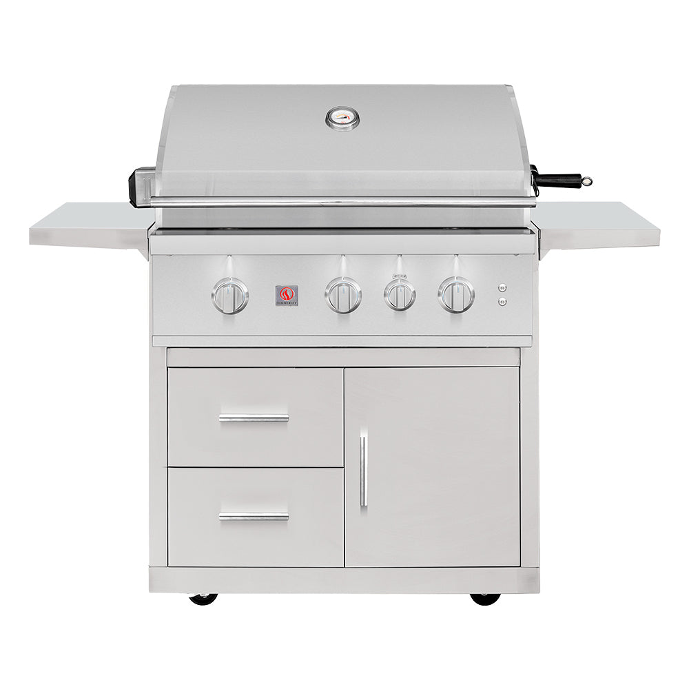 Freestanding gas grill with stainless cart, front control knobs, closed hood and side shelves