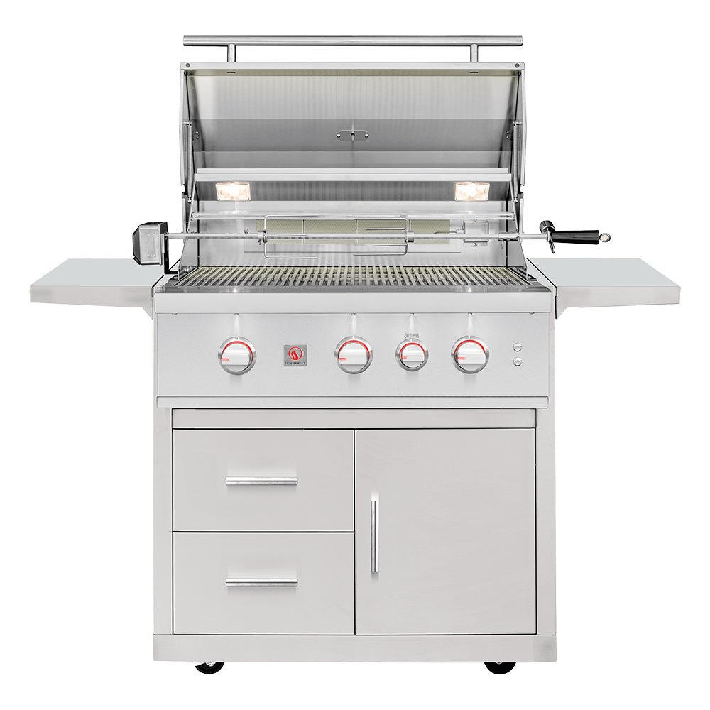 Freestanding gas grill with open lid, stainless cart, grill grates, and front burner knobs