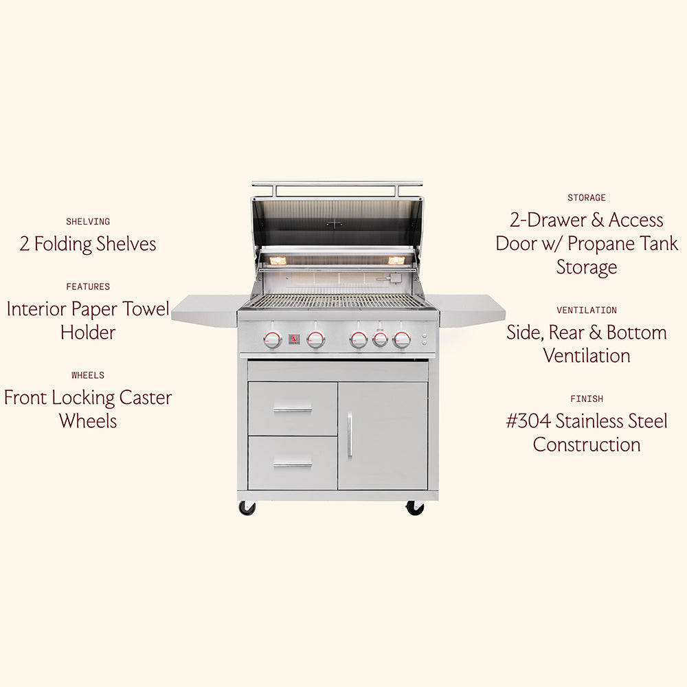 Freestanding gas grill cart with side shelf, storage drawers, cabinet door, and ventilation vents