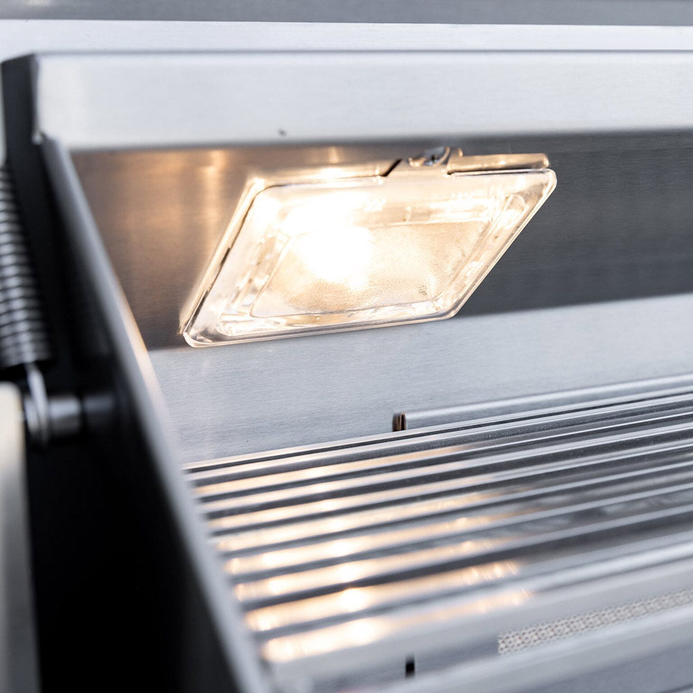 Stainless grill front with a lit rectangular display panel and cooking grates below